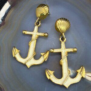 VTG Park Lane Nautical Anchor Dangle Earrings Gold Tone White Enamel Seashell